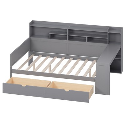 FURNIinspire Beds Wooden Full Size Daybed with Drawers Shelves and Study Desk for Bedroom or Study Room, Gray, 91.3"*64.9"*44.9"