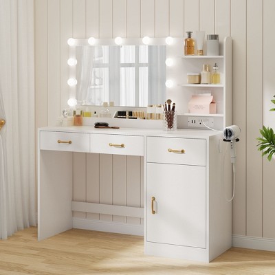Vanity Desk with Mirror, LED Lights and Power Outlet Makeup Table with 3 Drawers and Storage Shelves Dressing Table for Bedroom Dressing Room