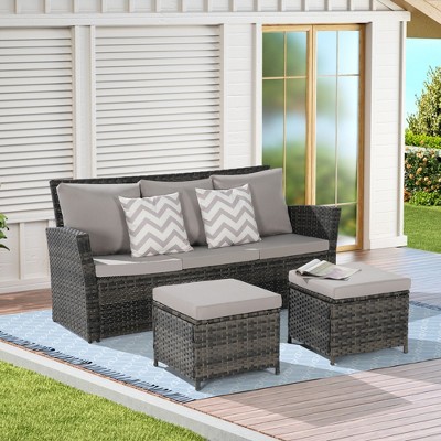 All-Weather 3-Piece Outdoor Wicker Sofa Set with Two Ottomans - Perfect for Porch, Backyard, or Balcony Conversations