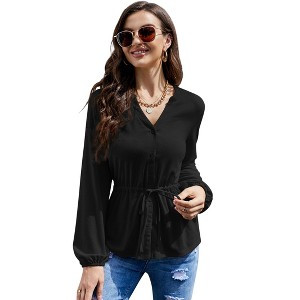 Coolmee Womens V Neck Button Down Peplum Tops Casual Long Sleeve Tie Front Blouses Shirt - 1 of 4