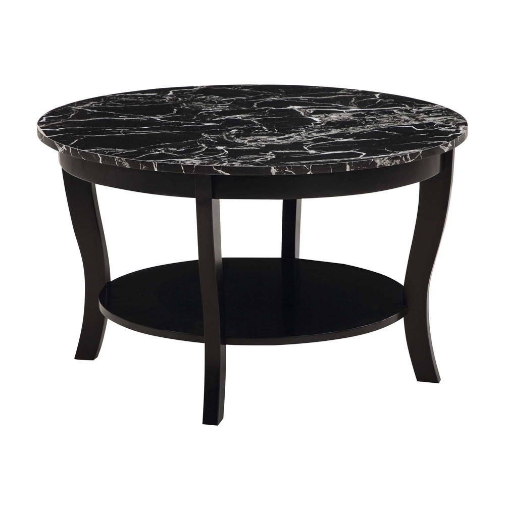 Breighton Home American Heritage Round Coffee Table with Shelf in Black Faux Marble/Black