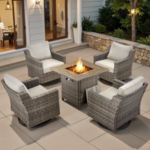 Buenhomino 5 Piece Wicker Outdoor Patio Furniture Set with 50000 BTU Fire Pit Table,Outdoor Dining Table Set 4 Swivel Chairs with Cushions - 1 of 4