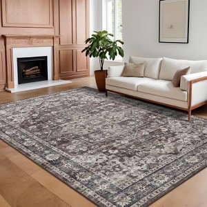 Vintage Machine Area Rug  Non Shedding Soft Distressed Flower Printed Indoor Carpet Non Slip Floor Mat - 1 of 4