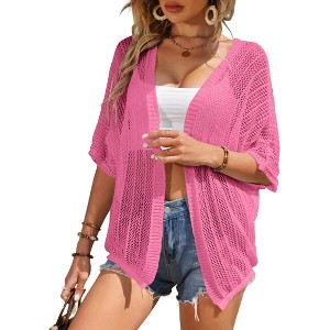 Womens Short Sleeve Cardigan Beach Cover Up Hollow-Out Sweater Cardigan Batswing Sleeve Cover Up Lightweight Cardigan - 1 of 4