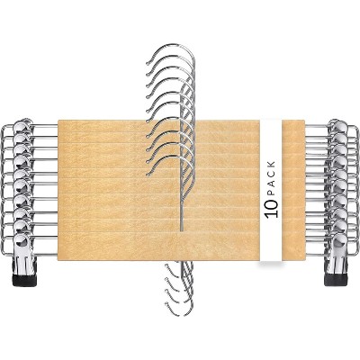 USTECH Wood Like Eco-Friendly Hanger with Wood Bar Finish | Non-Slip Adjustable Clips Pants, Shirts, & Skirt Hangers | 10 Pack