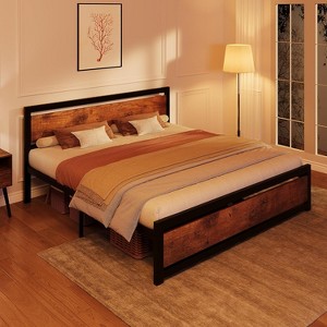 Bed Frame, Industrial Full Bed Platform Frame with Heavy Duty Steel Slat, No Box Spring Needed Easy to Assemble, Rustic Brown - 1 of 4