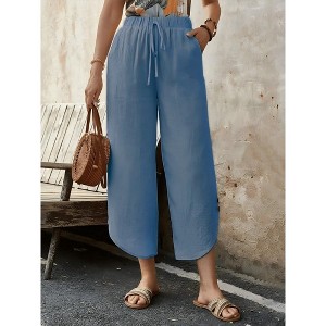 Women's Pants Drawstring Wide Leg Cropped Casual Pants with Pockets - 1 of 3