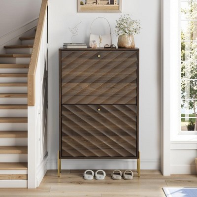 PDTEND 23.6" Mid-Century Modern Freestanding Shoe Cabinet with Metal Legs, Organizer for Entry/Hallway/Entryway, Walnut