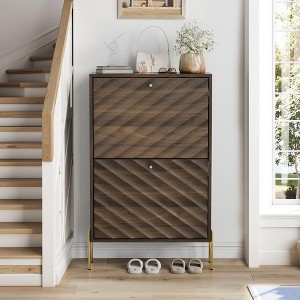 PDTEND 23.6" Mid-Century Modern Freestanding Shoe Cabinet with Metal Legs, Organizer for Entry/Hallway/Entryway, Walnut - 1 of 4