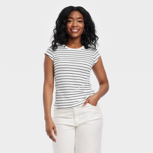 Ladies navy and white striped hot sale t shirt