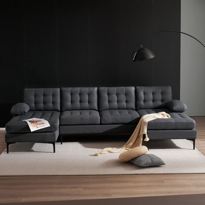 Karl Home |110 in. W Pillow Top Arm Chellie 4-Seat U-shaped Tufed Sofa in Gray
