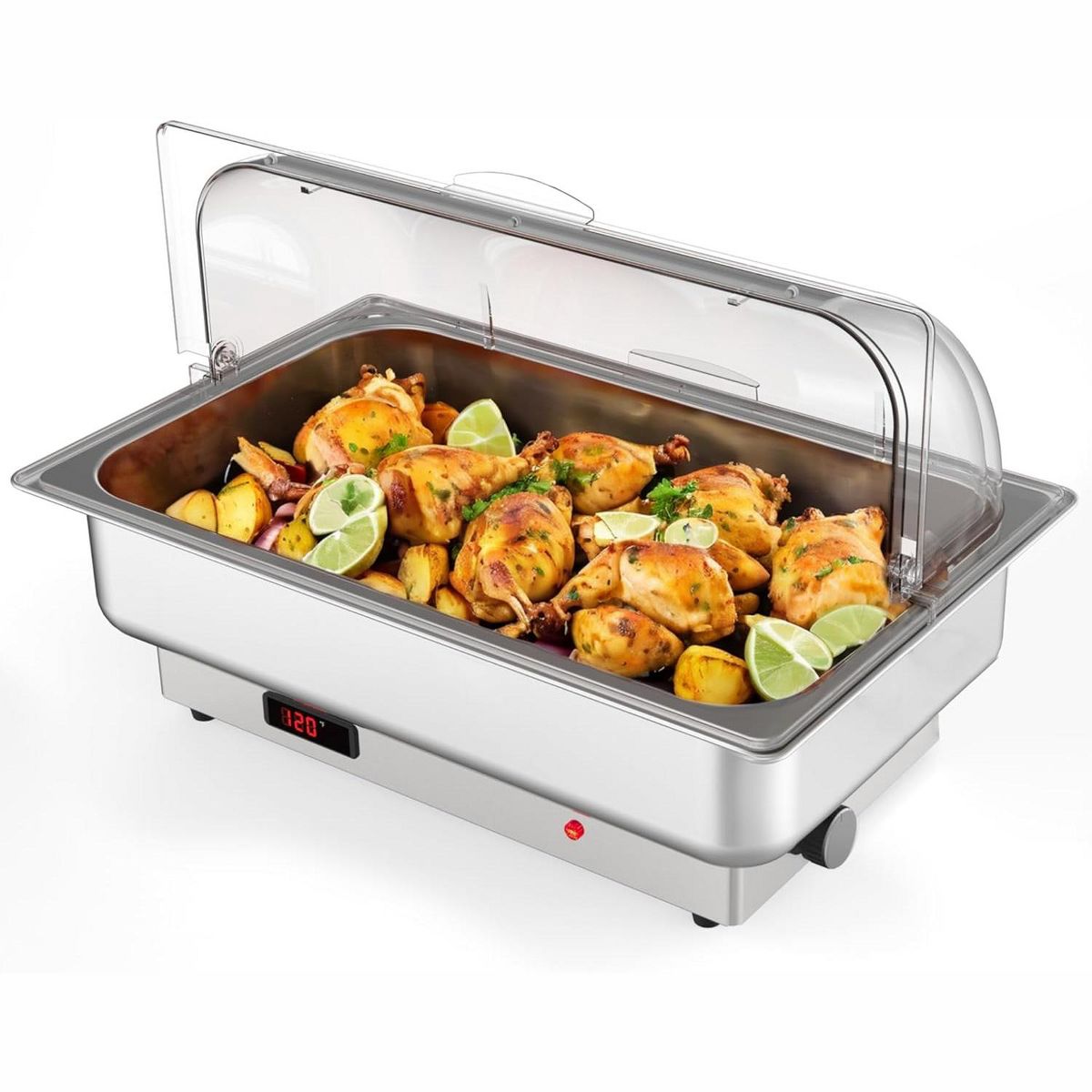 9QT Stainless Steel Electric Chafing Dish Buffet Server, Roll Top Clear Lid Adjustable Temp Control Food Warmer for Party Wedding Catering - thumbnail 3