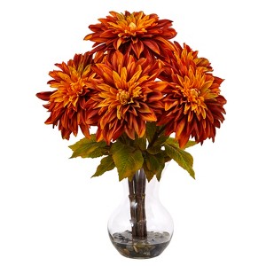 Nearly Natural Dahlia Silk Arrangement with Glass Vase, Orange - 1 of 4