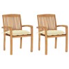 vidaXL Solid Teak Wood Patio Chairs with Cream White Cushions - Set of 2, Durable Outdoor Garden Furniture with Slatted Backrests, Stackable Design - 2 of 4