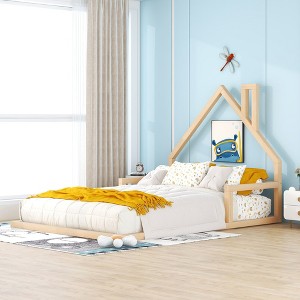 CAVINAS Full Size Wood Montessori Bed,Modern Floor Bed with House-Shaped Headboard and Handrails,Toddler Bed for Bedroom - 1 of 4