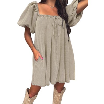 EXLURA Womens Summer Denim Short Puff Sleeve Dresses Knit Loose Plus Size Short Mini Dress 2025 Trendy Outfit