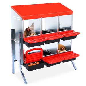 Chicken Nesting Box with 6 Compartments – Galvanized Steel Roll-Away Egg Laying Boxes with Lid Cover, Legs, and Easy-Clean Design, Red - 1 of 4