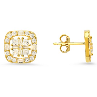 Sterling Silver Princess/Baguette CZ Halo Stud Earrings