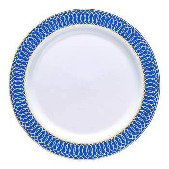 Smarty Had A Party 10.25" White with Gold Spiral on Blue Rim Plastic Dinner Plates (120 plates)