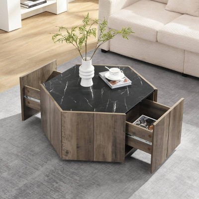 Rustic Hexagon Coffee Table with 2 Drawers and Textured Marble Top, Retro MDF Wood Coffee Table with Storage for Living Room-Coolbibila