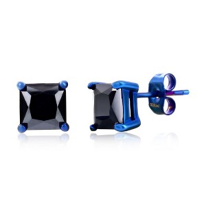 Metallo Mens Stainless Steel, 8mm Square Black CZ Studs - Blue Plated - Blue - 1 of 2