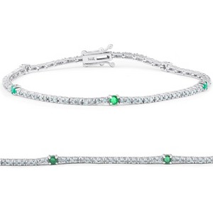 Pompeii3 1 1/10 Ct Diamond & Genuine Green Emerald Tennis Bracelet 14k White Gold 7" - 1 of 4