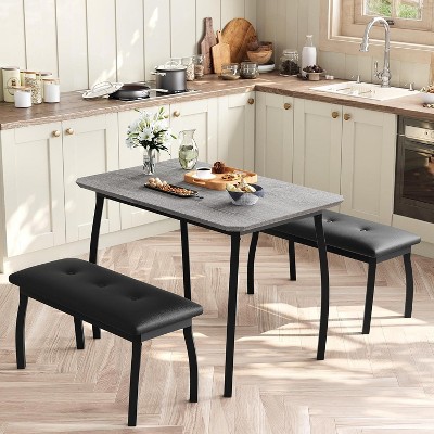 Dining Table Set for 4，Compact Rustic Kitchen Table with 2 Padded Benches,Space-Saving Breakfast Nook Furniture