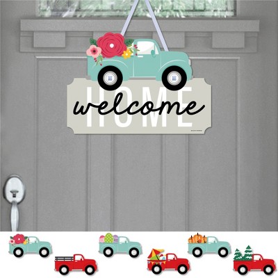 Big Dot of Happiness Vintage Holiday Truck - Hanging Welcome Home Red and Teal Pickup Seasonal Sign - Interchangeable Door Decor