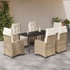 vidaXL 7 Piece Patio Dining Set - Beige PE Rattan with Cushions | Adjustable Garden Chairs | Tempered Glass Tabletop - 2 of 4