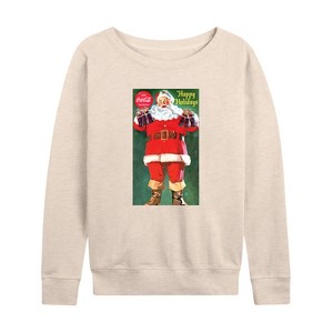 Women's - Coca-Cola - Vintage Santa with Glass Bottles Lightweight French Terry Wide Neck Long Sleeve Graphic Shirt - 1 of 4