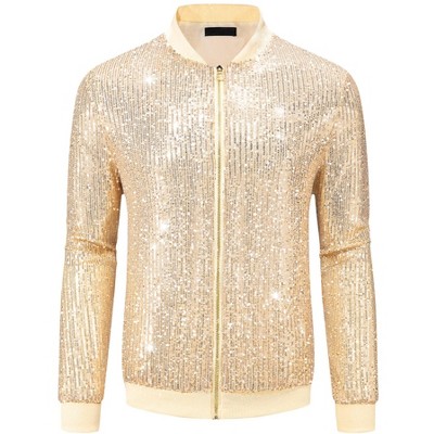 Lars Amadeus Men's 70s Disco Zipper Metallic Shiny Sequin Varsity Jacket Golden Small — фото 2