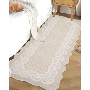 Washable Scalloped Living Room Rugs, Plaid Floral Soft Non Slip Bedroom Carpet, Large Low Pile Dining Room Rugs - 1 of 4