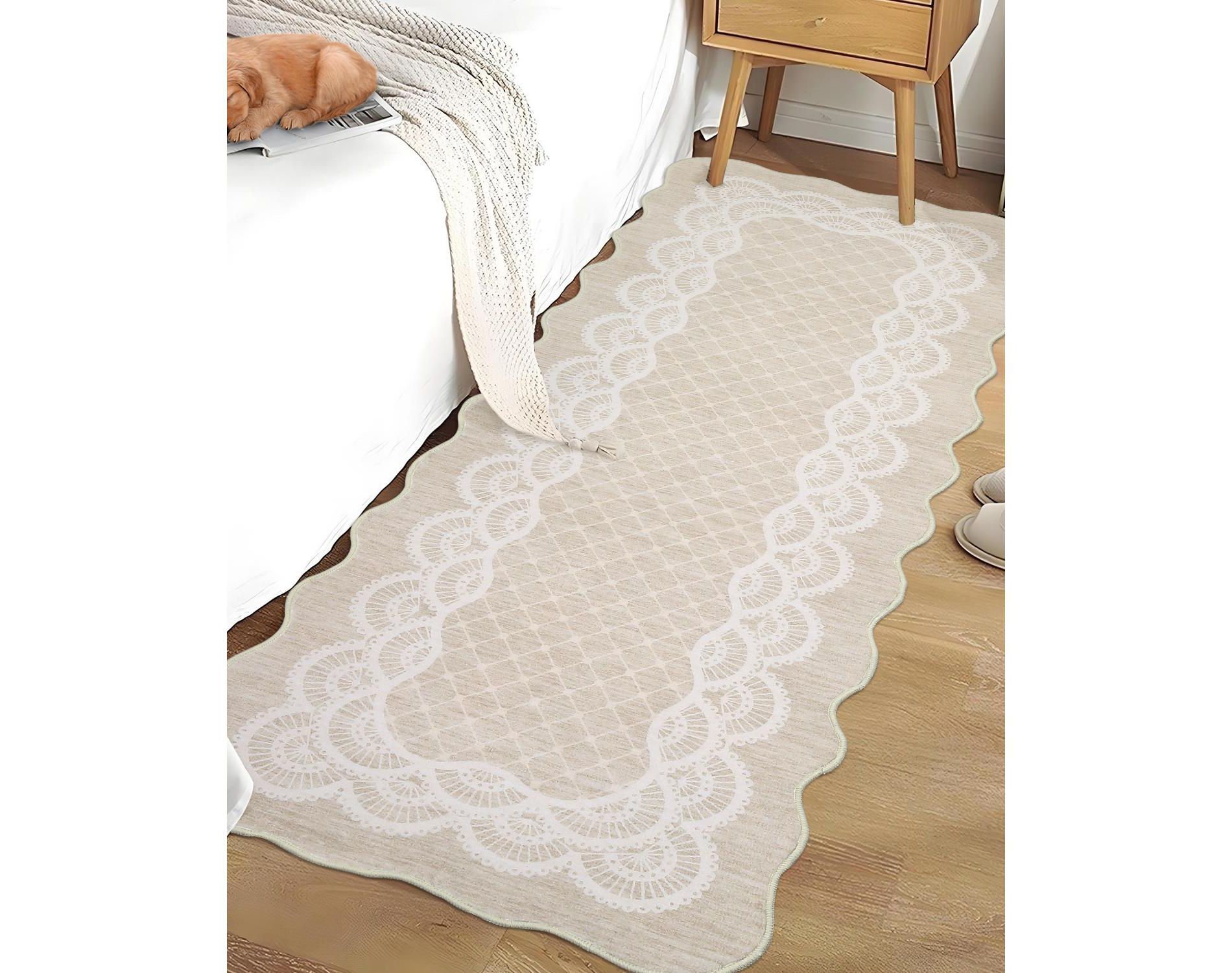 Washable Scalloped Living Room Rugs, Plaid Floral Soft Non Slip Bedroom Carpet, Large Low Pile Dining Room Rugs