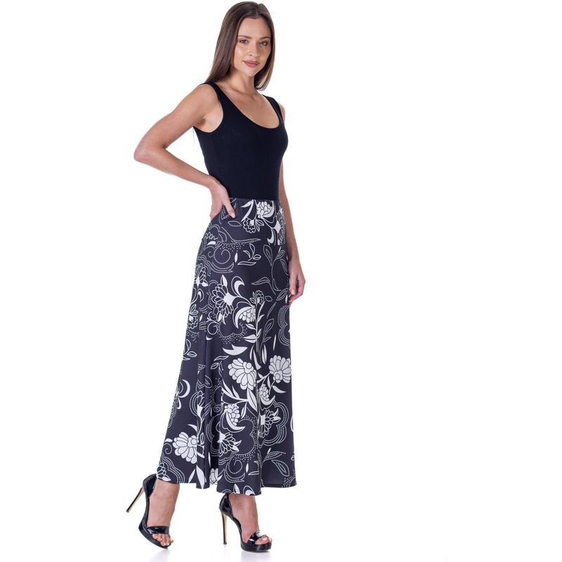 24seven Comfort Apparel Black and White Floral Elastic Waist Ankle Length Comfortable Maxi Skirt, 4 of 6