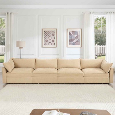 Modern 4-Seater Sofa with Crescent Armrests, Sectional Sofa with Pull-Out Storage Drawers, Sofa with Chenille Fabric Cushion-Cuddlewood