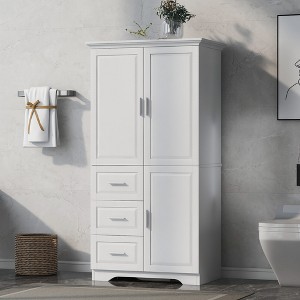 TOBILI Tall and Wide Storage Cabinet with Doors for Bathroom/Office, Three Drawers, White - 1 of 4