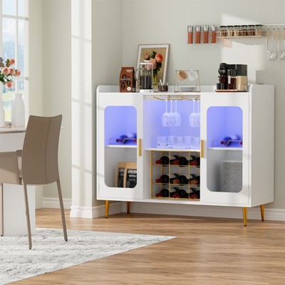Aheaplus Sideboard Buffet with Charge Station and LED Light, Farmhouse Bar Cabinet with Wine Holder