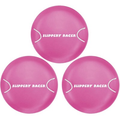 Slippery Racer ProDisc 26 In Heavy Duty Aluminum Iron Alloy Metal Kids Winter Saucer Snow Sled with Dual Riveted Soft Grip Rope Handles, Pink (3 Pack)
