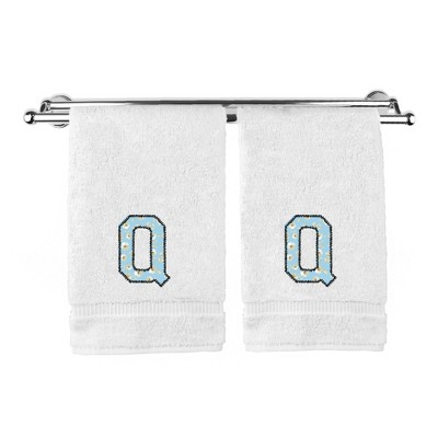 BC BARE COTTON Monogrammed Hand Towels, Personalized Gift, Set of 2 - Embroidered Writing with Light Blue