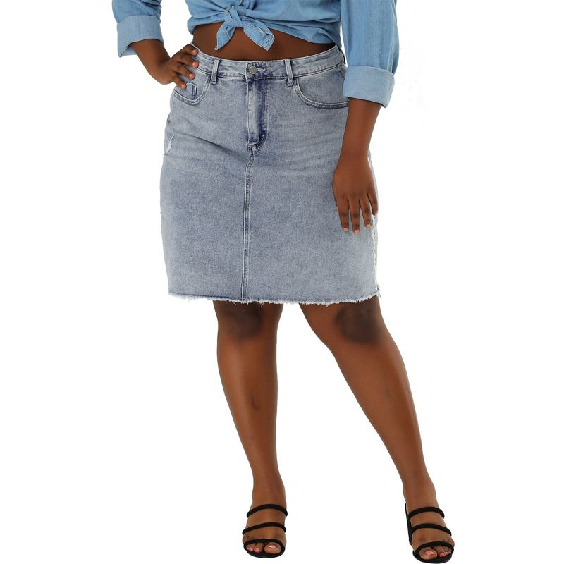 Agnes Orinda Women's Plus Size Denim Embroidered Distressed Ripped Pencil Jean Skirts, 4 of 7