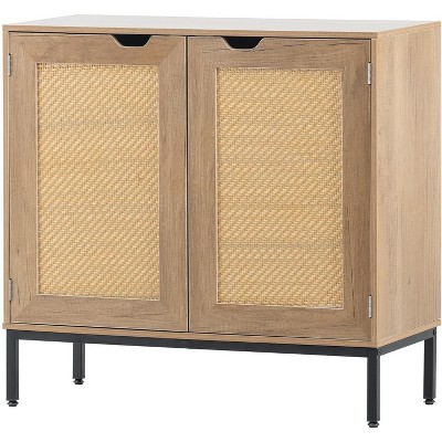 Acekool Rattan Storage Cabinet, 2-Door Sideboard with Metal Base, Modern Boho Accent Cabinet for Living Room, Entryway, Bathroom, Black