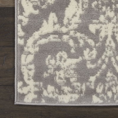 Jubilant Gray and Ivory Damask Runner Rug 2'3" x 7'3"