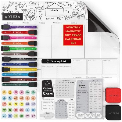 Arteza White Dry Erase Magnetic Monthly Calendar Set with Markers and Dry Erase Caps for Kitchen - 17"x13" (ARTZ-8640)