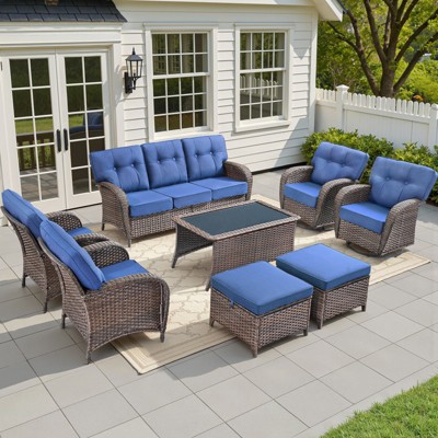 Buenhomino High Back Patio Furniture Set with 5-Inch Thick Cushion, Outdoor Conversation Set with Sofa, Swivel Rocker Chairs & Ottomans