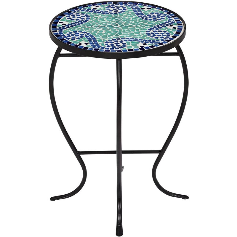 Teal Island Designs Black Round Outdoor Accent Side Tables 14" Wide Set of 2 Blue Wave Mosaic Tabletop Front Porch Patio Home House, 5 of 8