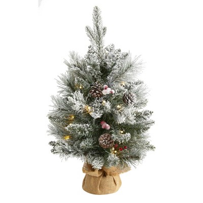 2ft Nearly Natural Pre-Lit Flocked Artificial Christmas Tree with Pinecones and Berries Clear Lights