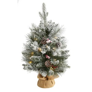 2ft Nearly Natural Pre-Lit Flocked Artificial Christmas Tree: Indoor Decor, Burlap Base - 1 of 4