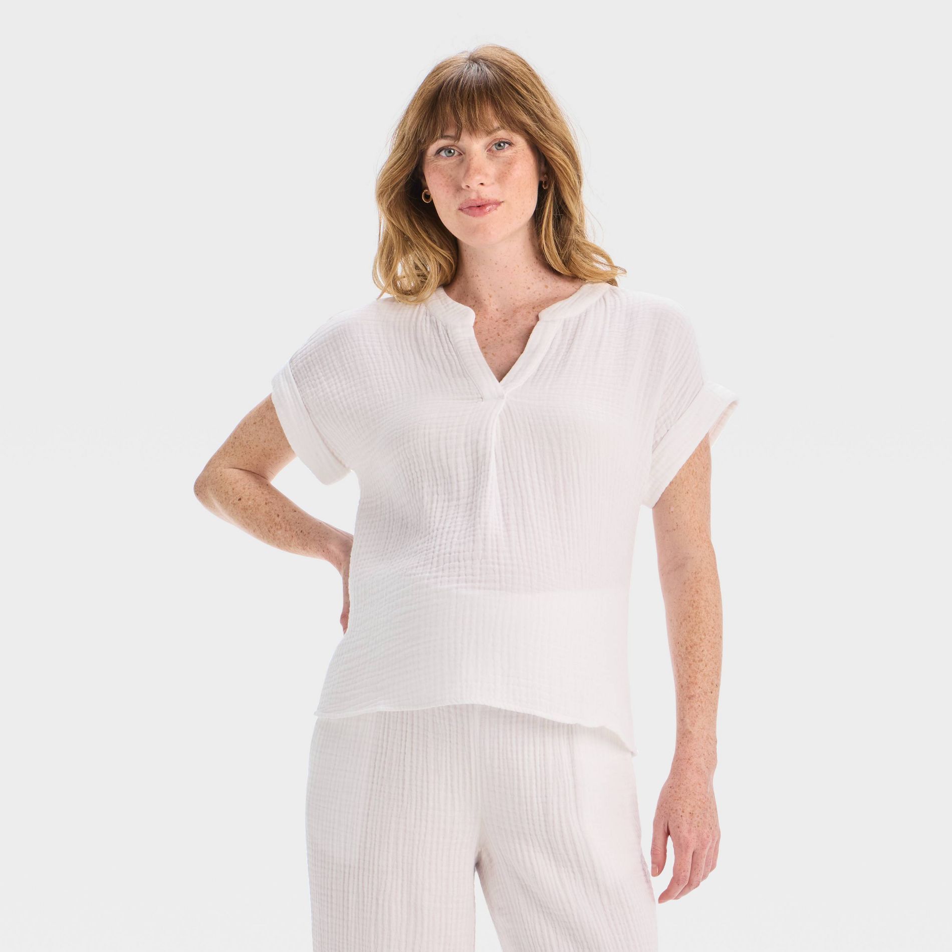 Short Sleeve V-Neck Gauze Roll Tab Maternity Shirt - Isabel Maternity by Ingrid & Isabel™ White XL