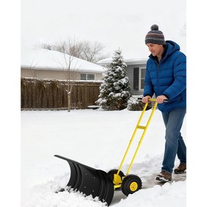 Heavy-Duty Steel Snow Pusher with Wheels, Adjustable Blade & Height Handle, Back-Saving Driveway Snow Plow for Efficient Removal - 1 of 4