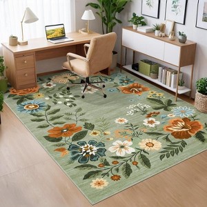 2' x 6' Green Floral Runner Rug, Washable, Low-Pile, Non-Slip, Stain-Resistant, Soft Foldable Ideal for Entryway, Laundry, Bathroom - 1 of 4